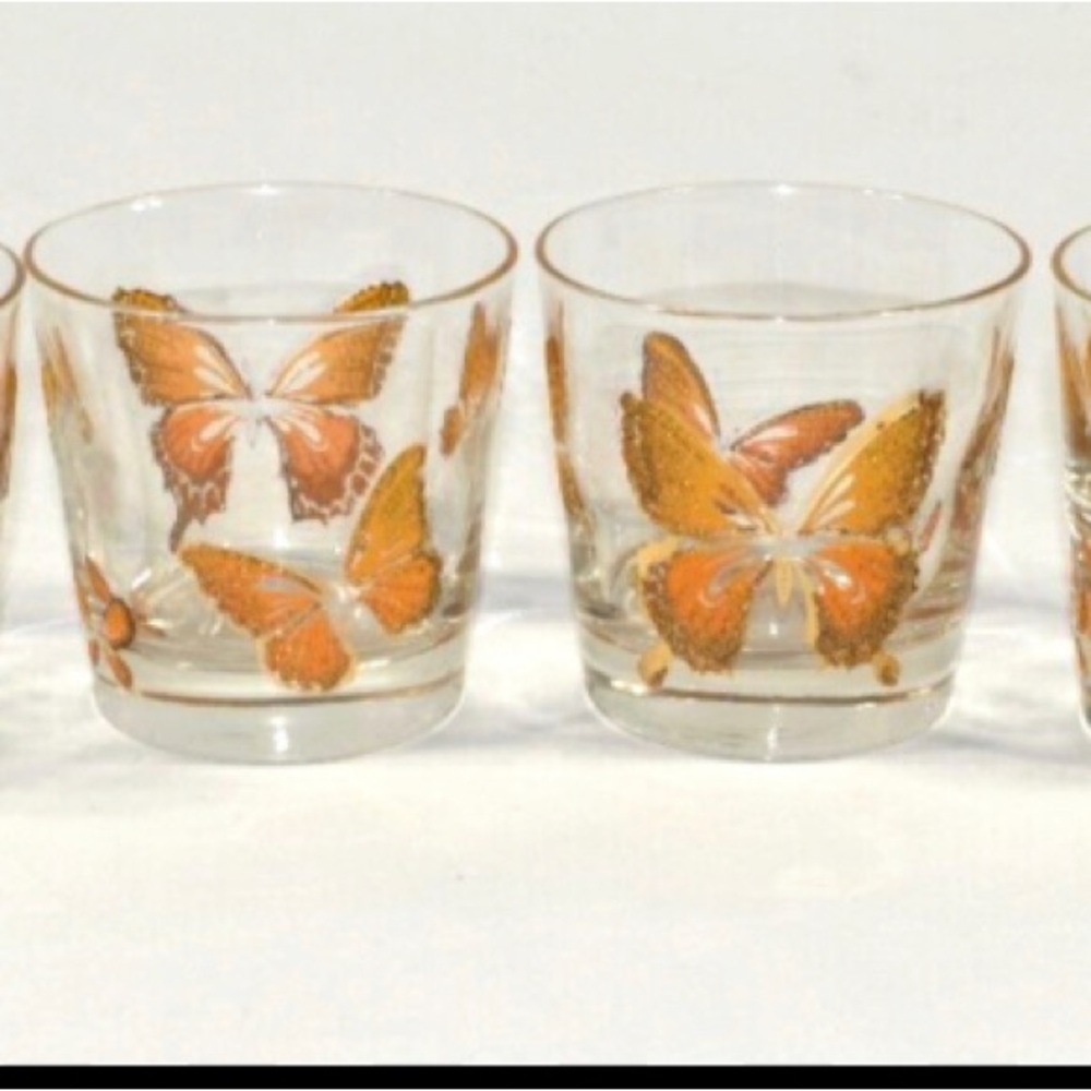 Set of 2 Libbey Vintage Old Fashioned 22K Gold Butterfly Glasses